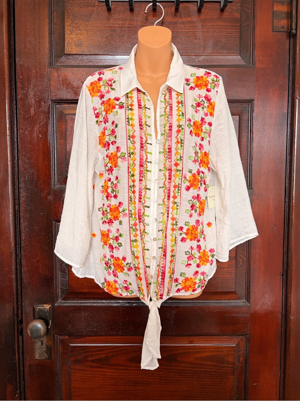 fig and flower White Button-Down Top with Pink and Orange Floral Embroidery